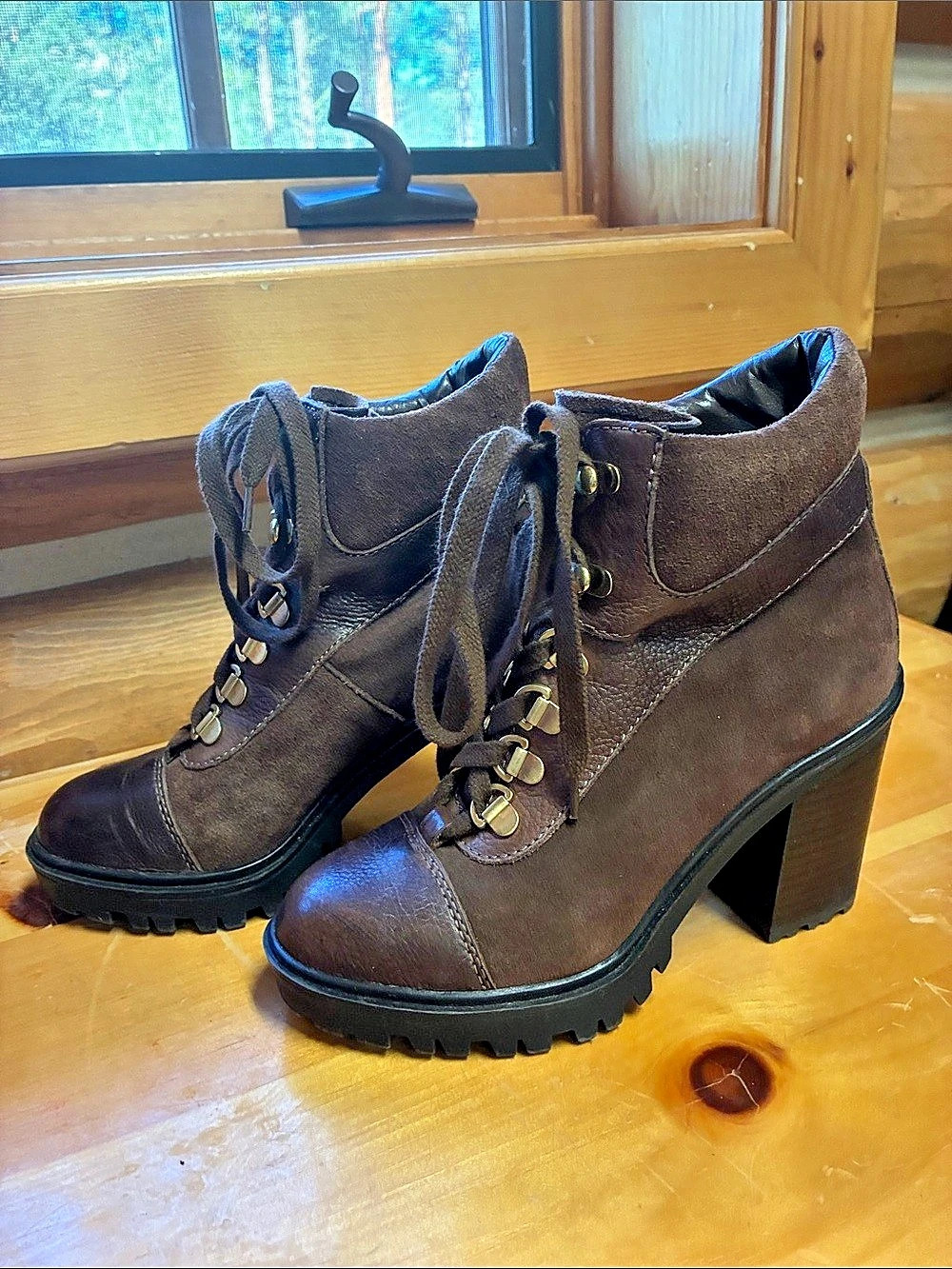 Guess Brown Lace-Up Heeled Ankle Boots leather